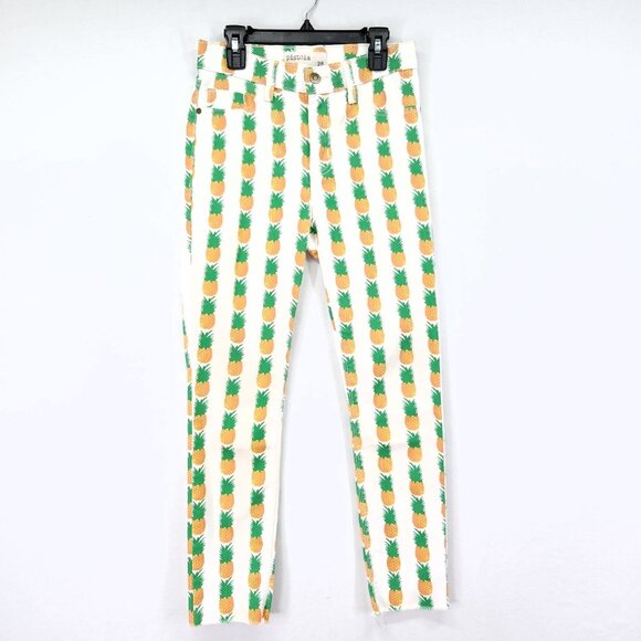 Pistola Skinny Jeans Size 26 Pineapple All Over Print Cropped Raw Fray Hem - Picture 1 of 14